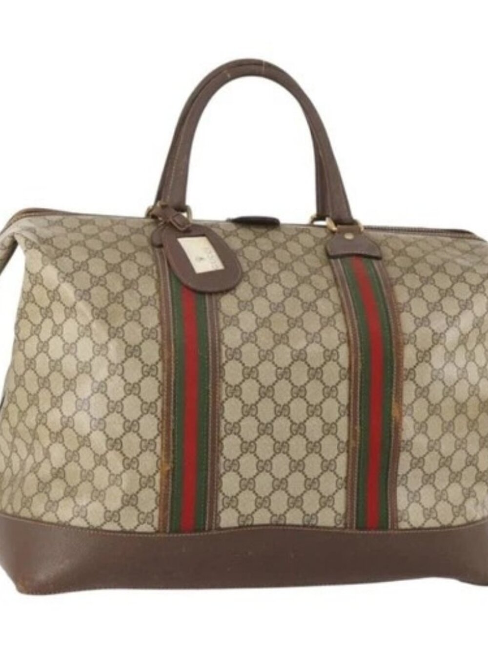 GUCCI GG Supreme Web Sherry Line Boston Bag PVC Beige Red Auth 180195